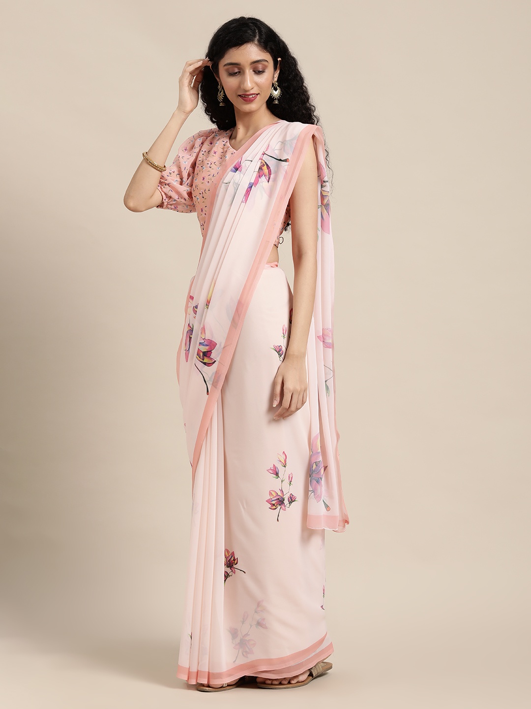 

Shaily Peach & Pink Floral Printed Georgette Saree