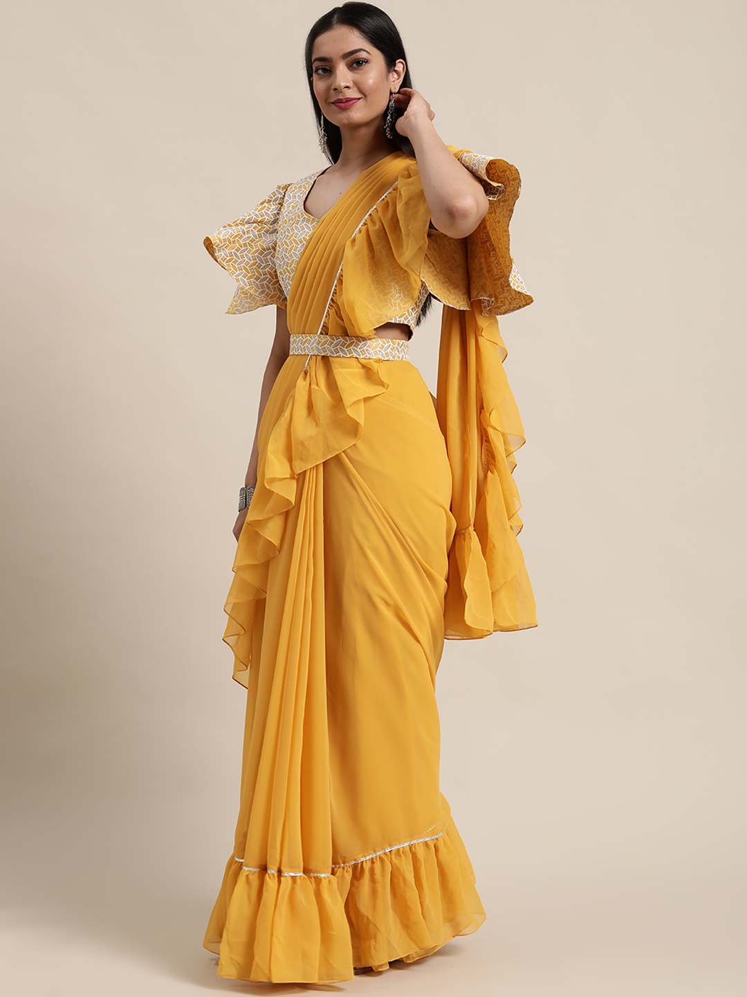 

Shaily Mustard Yellow Solid Ruffled Saree