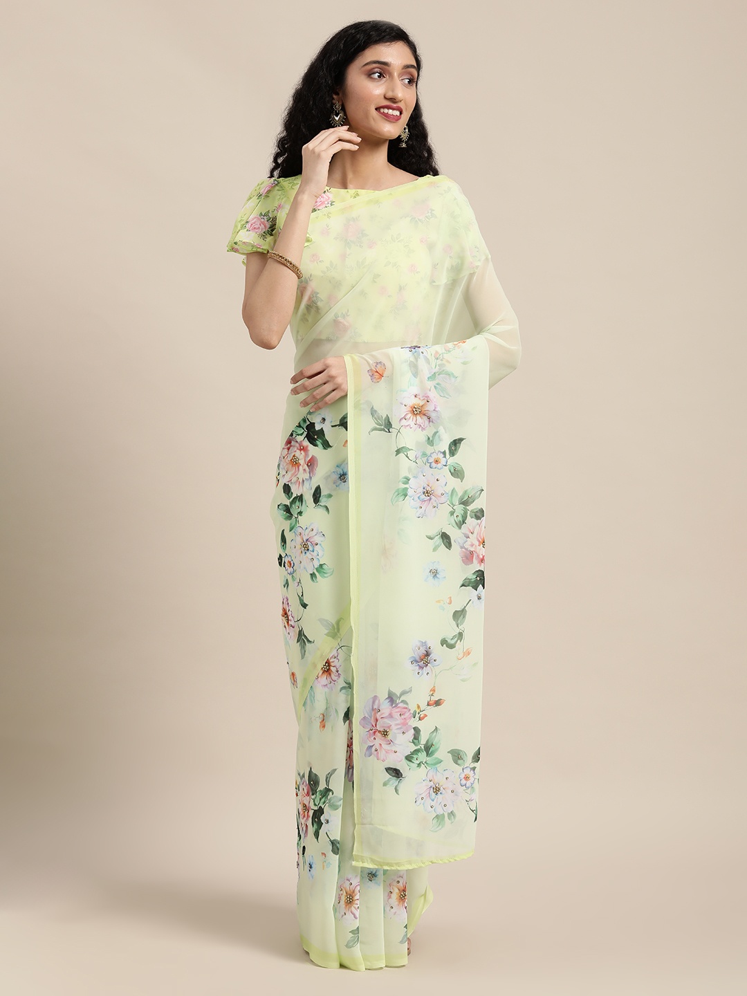 

Shaily Green & Pink Floral Printed Georgette Sequinned Saree