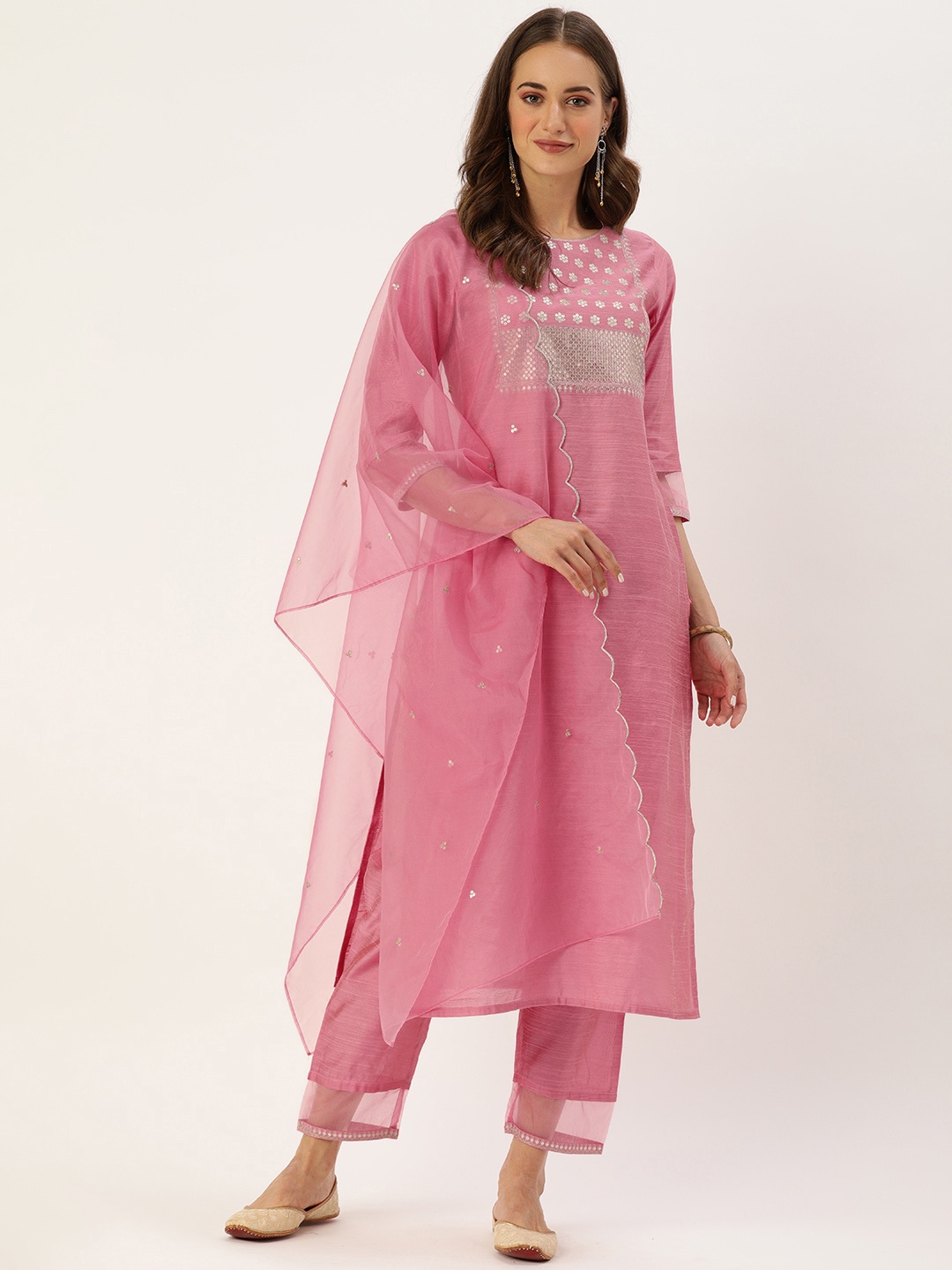 

Varanga Women Pink Sequinned Yoke Design Kurta with Trousers & Dupatta