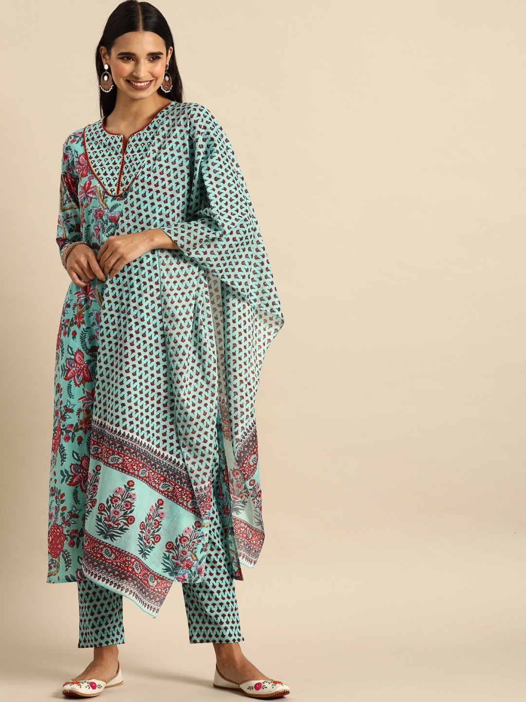 

Varanga Women Blue & Pink Printed & Sequinned Kurta with Trousers & Dupatta