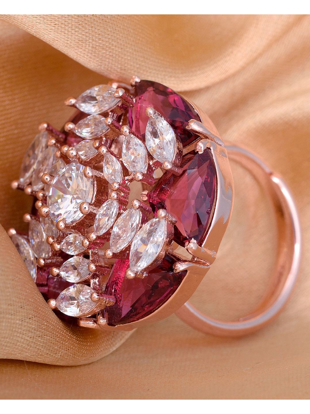 

Saraf RS Jewellery Rose Gold-Plated & White AD-Studded Handcrafted Adjustable Finger Ring