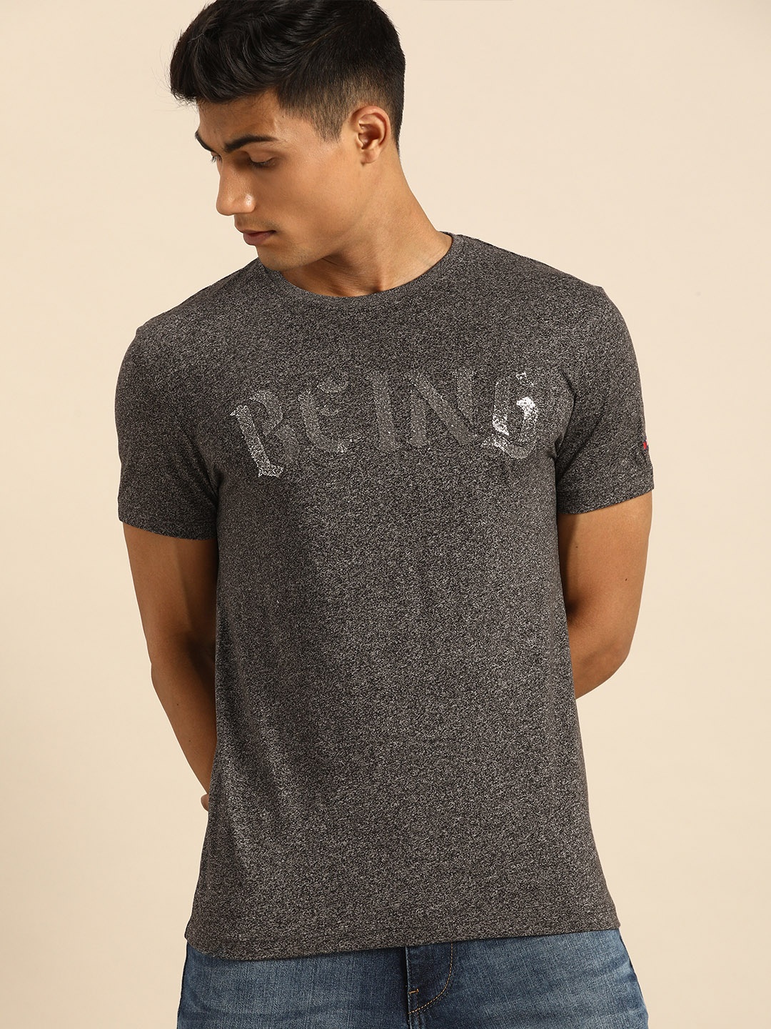 

Being Human Men Charcoal Grey Printed Round Neck T-shirt