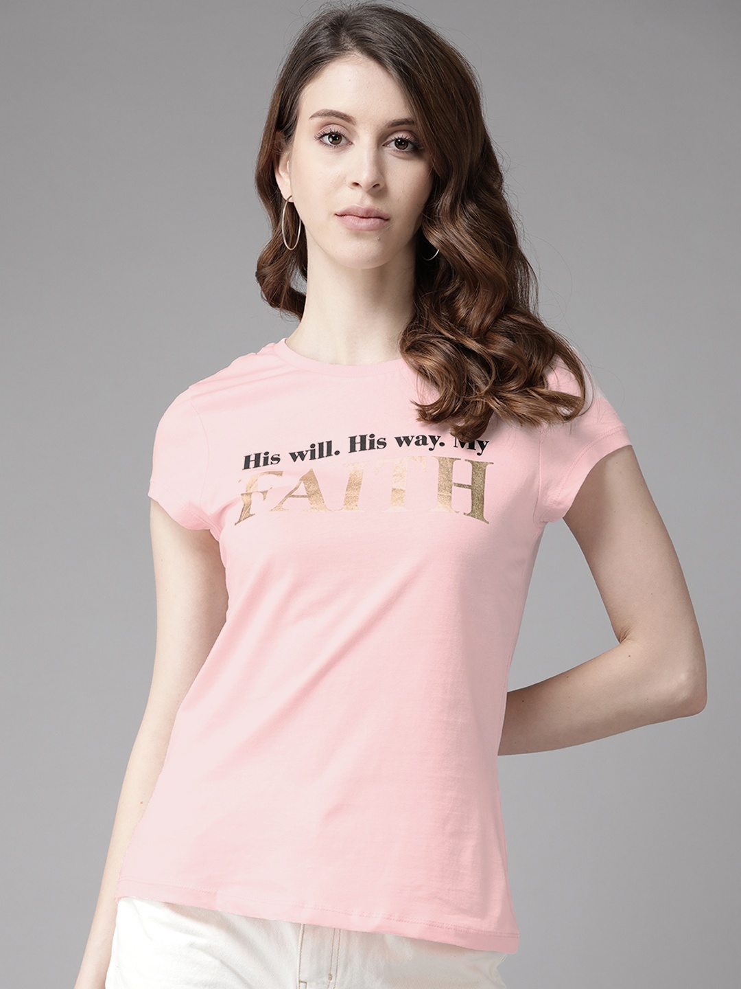 

Cayman Women Pink & Golden Printed Pure Cotton Round Neck T-shirt
