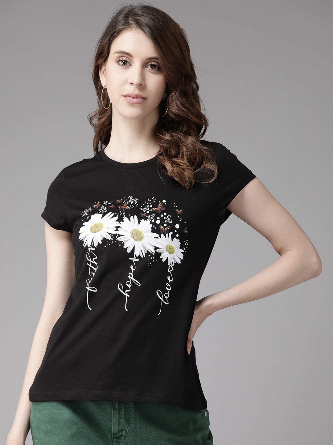 

Cayman Women Black & Off-White Printed Pure Cotton Round Neck T-shirt