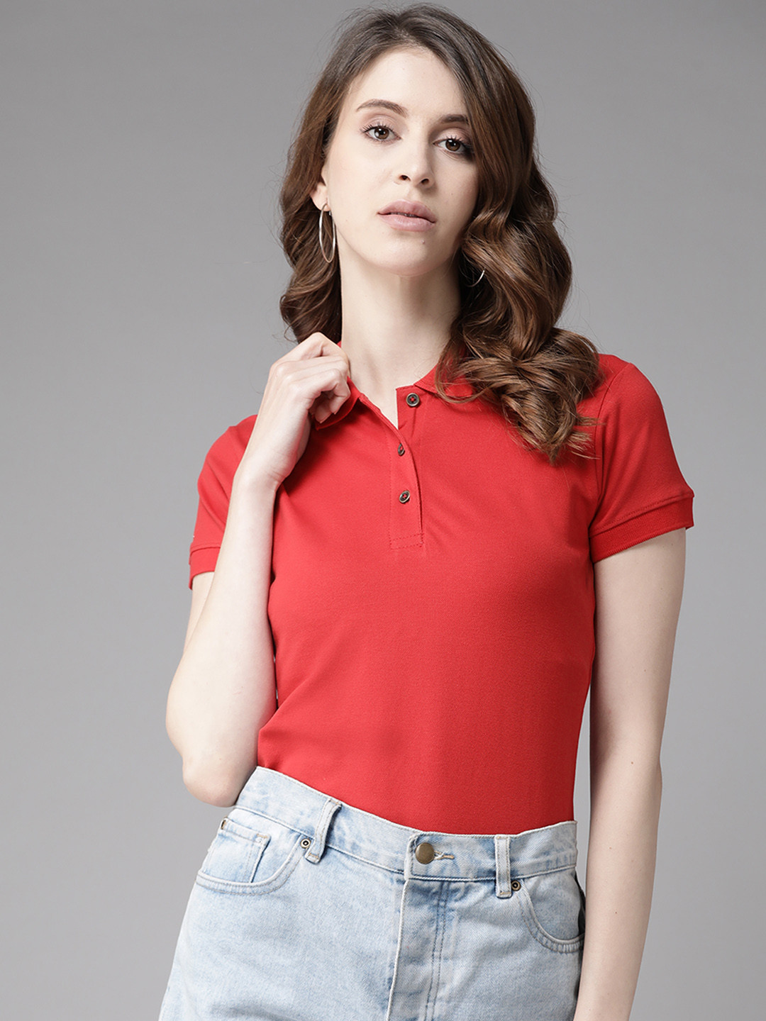 

Cayman Women Red Solid Pure Cotton Polo Collar T-shirt