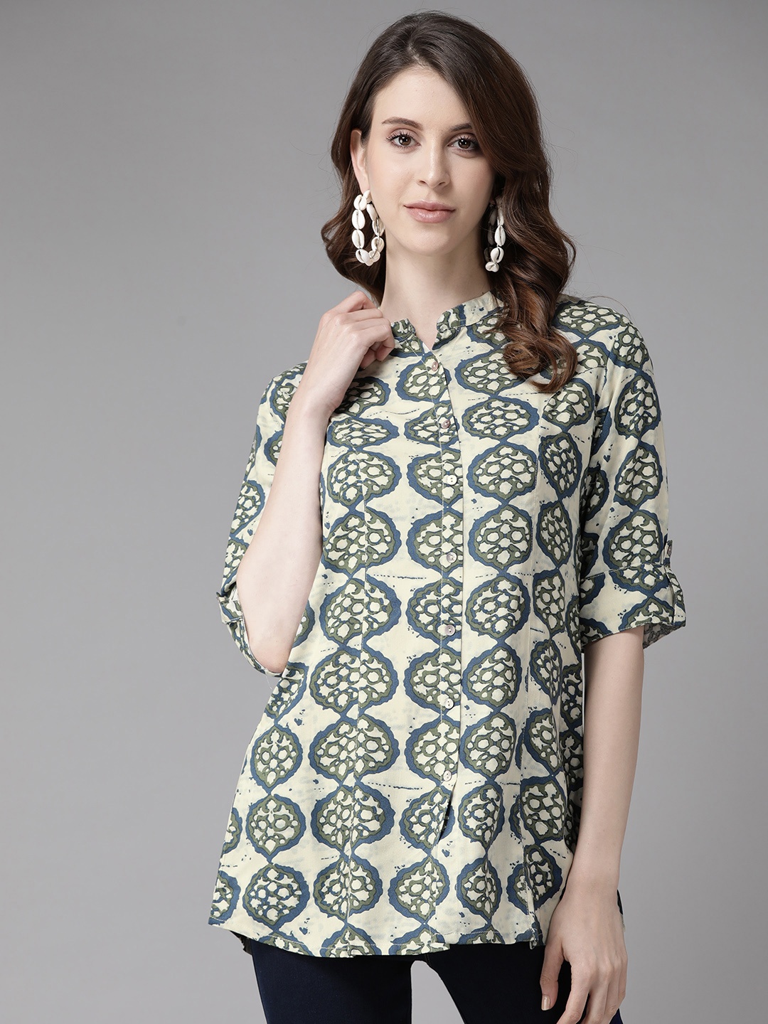 

Cayman Women Cream Coloured & Olive Green Printed A-Line Kurti