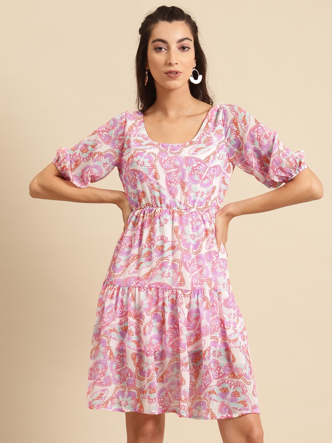 

DODO & MOA Women Pink & White Printed Tiered A-Line Dress