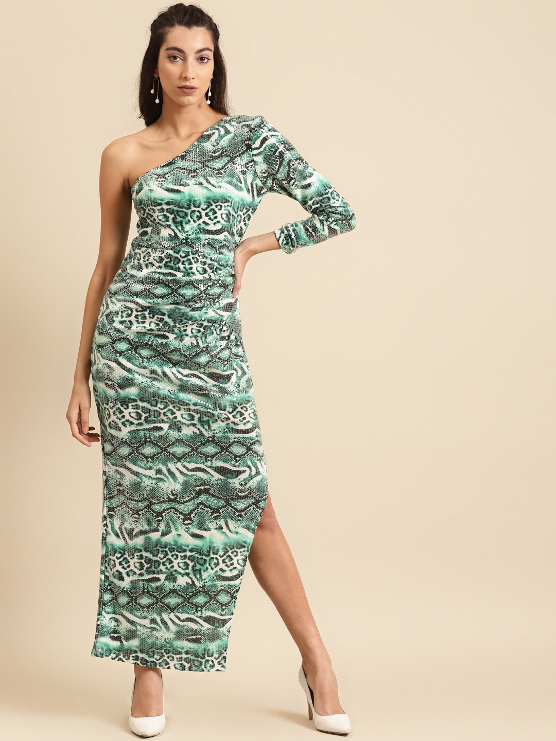 

DODO & MOA Women Green Printed Sequined Side Slit Maxi Dress