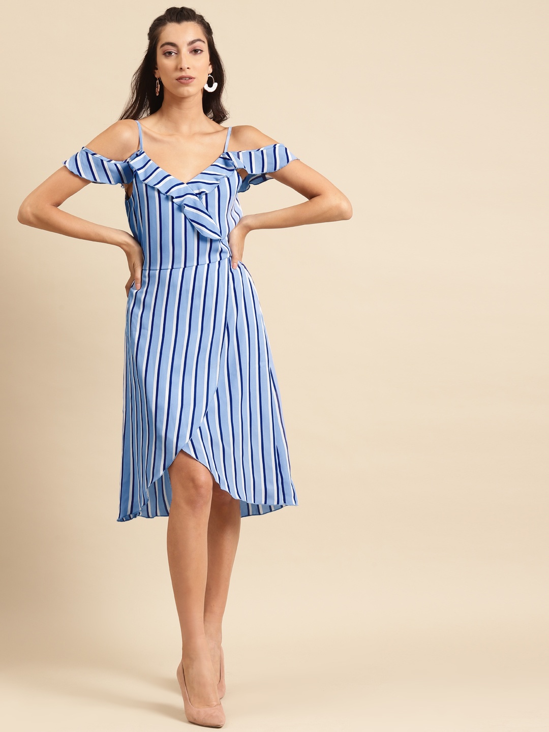 

DODO & MOA Women Blue & White Striped Wrap Dress