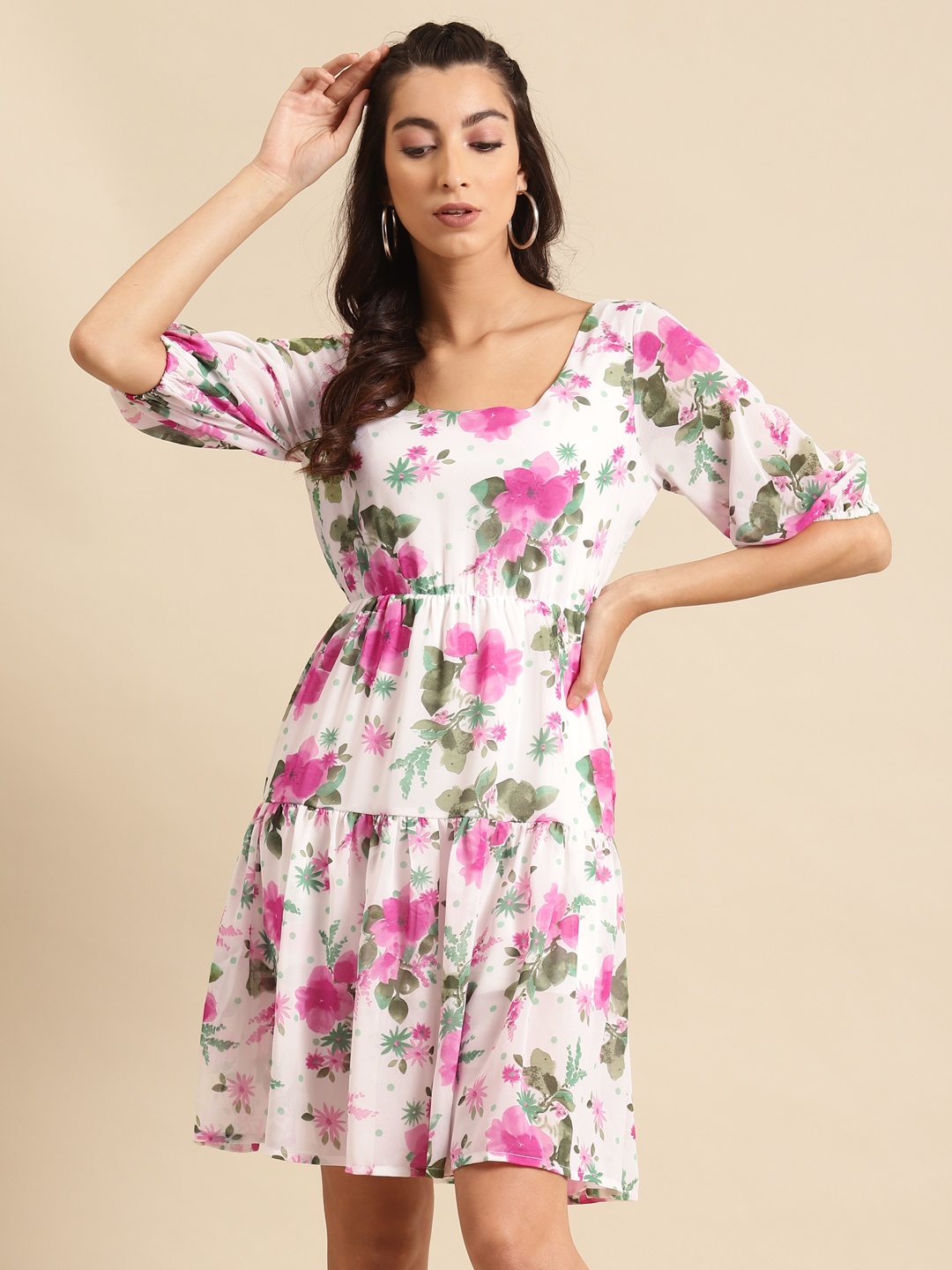 

DODO & MOA Women Off-White & Pink Printed Tiered Dress