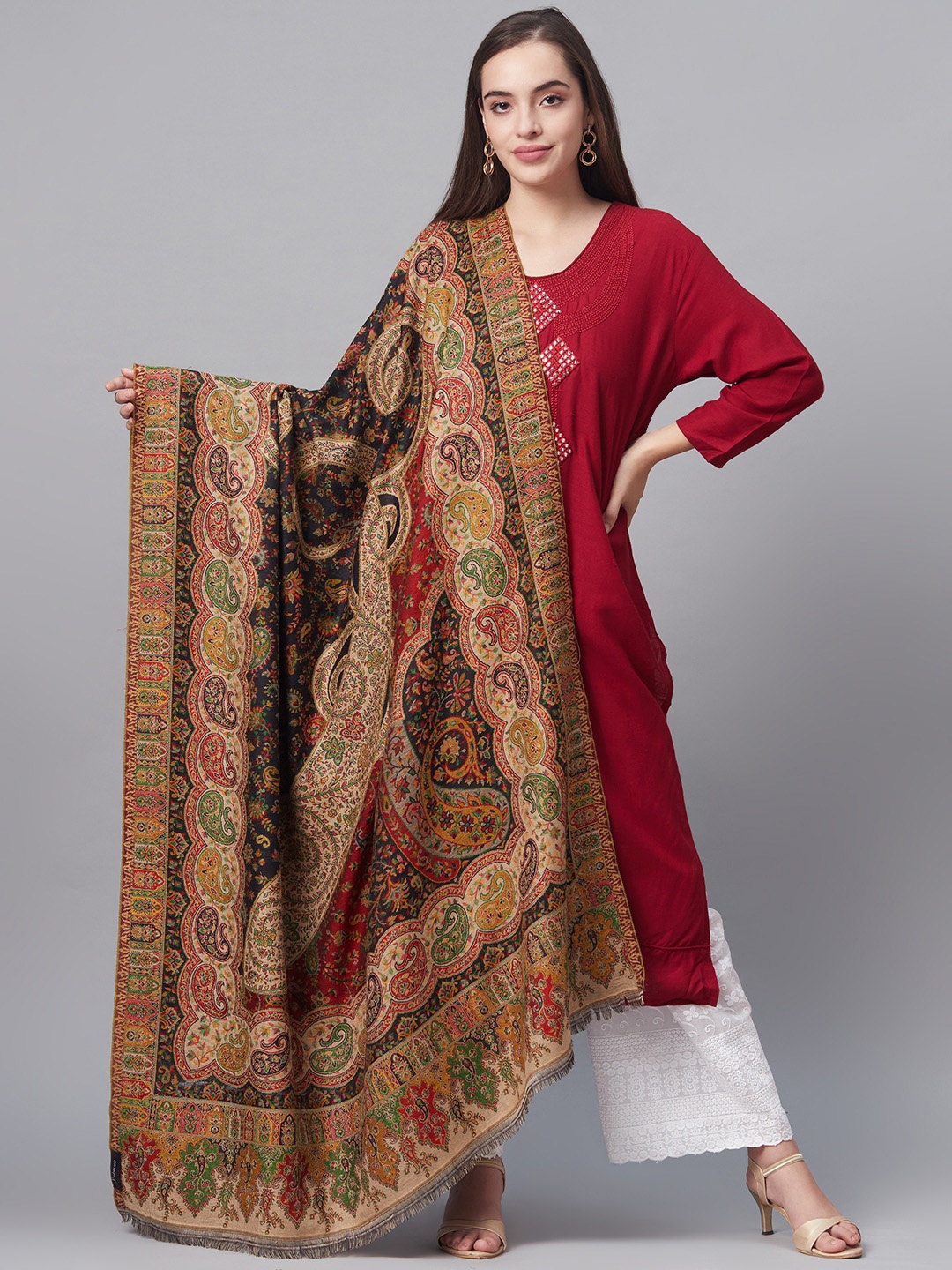 

Pashtush Women Beige & Black Woven Design Jamawar Shawl