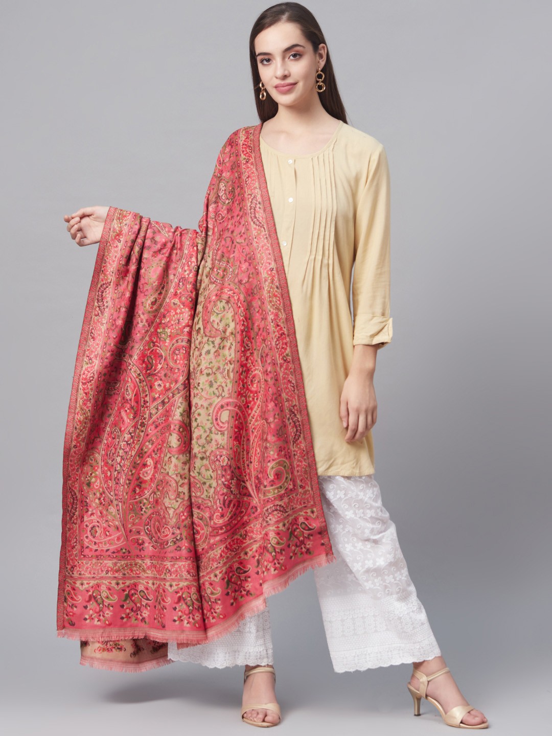

Pashtush Women Pink & Beige Woven Design Jamawar Shawl