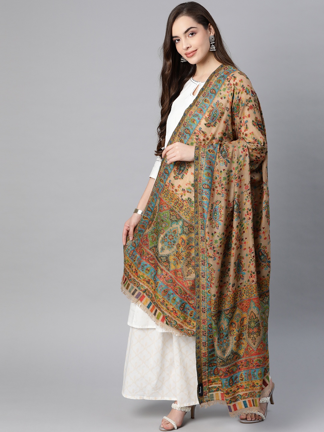 

Pashtush Women Beige & Blue Woven Design Woollen Kaani Shawl