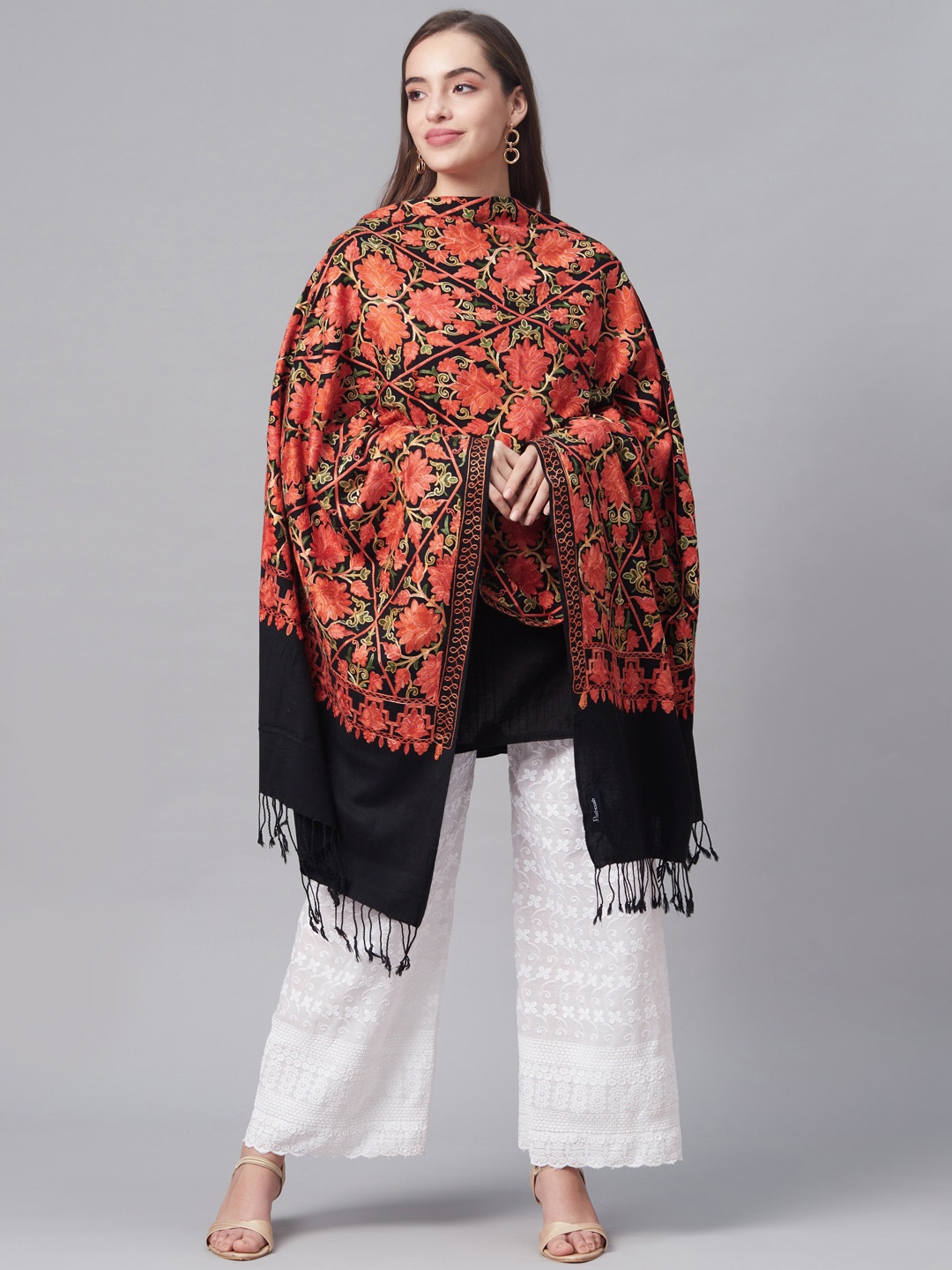 

Pashtush Women Coral Pink & Black Embroidered Designer Stole