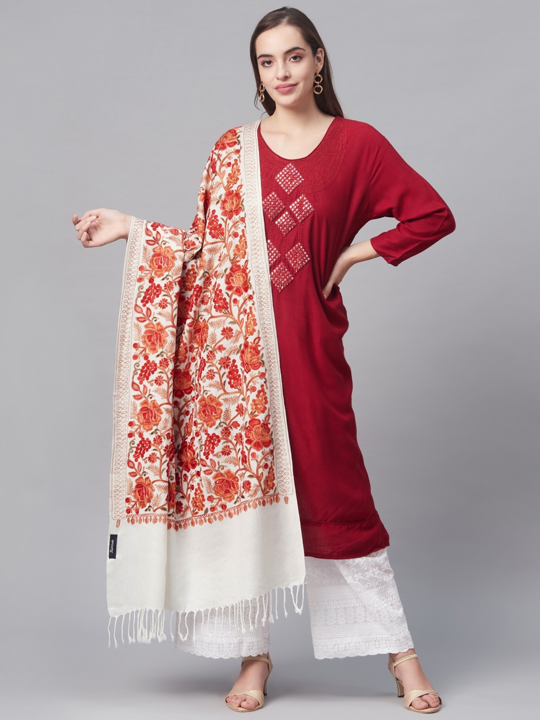 

Pashtush Women Off-White & Rust Red Ethnic Motifs Embroidered Designer Stole