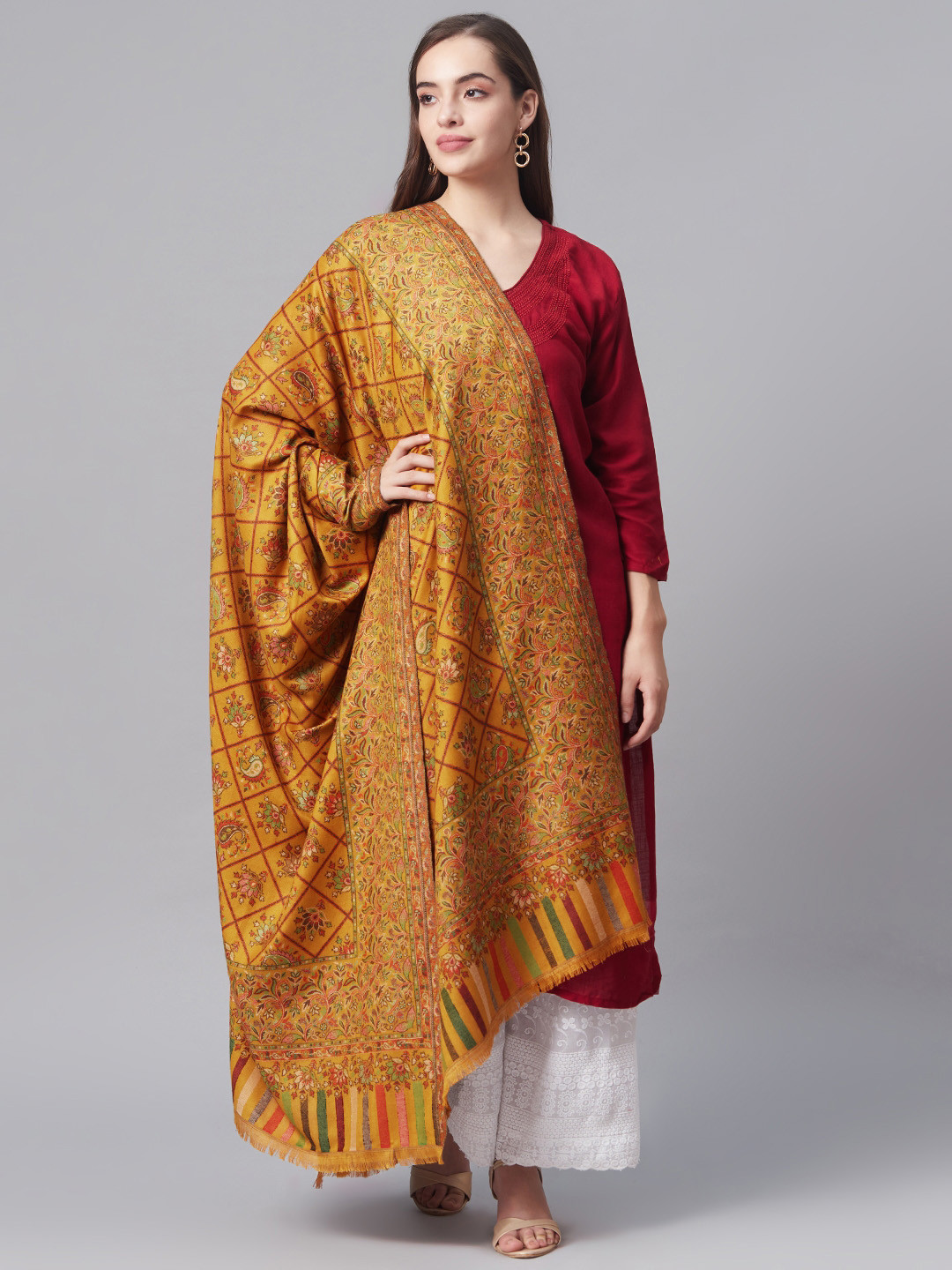 

Pashtush Women Mustard Yellow & Maroon Woven Design Jamawar Shawl
