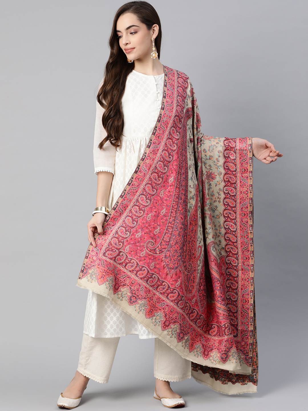 

Pashutsh Women Cream-Coloured & Pink Woven Design Designer Shawl