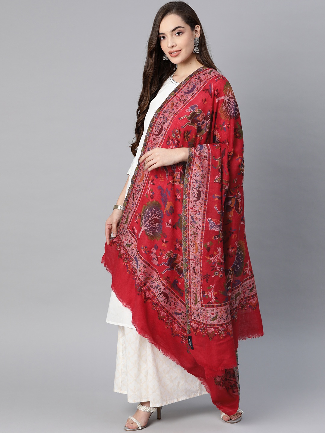 

Pashtush Women Red Pure Wool Woven Design Kaani Shawl