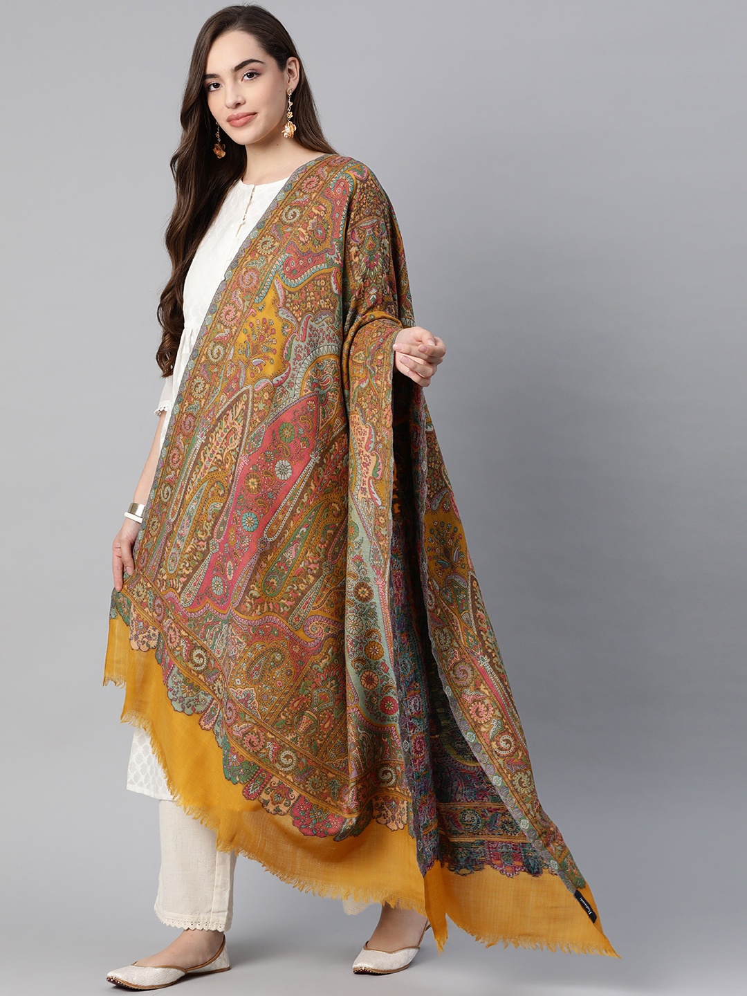

Pashtush Women Mustard Yellow Pure Wool Woven Design Kaani Shawl
