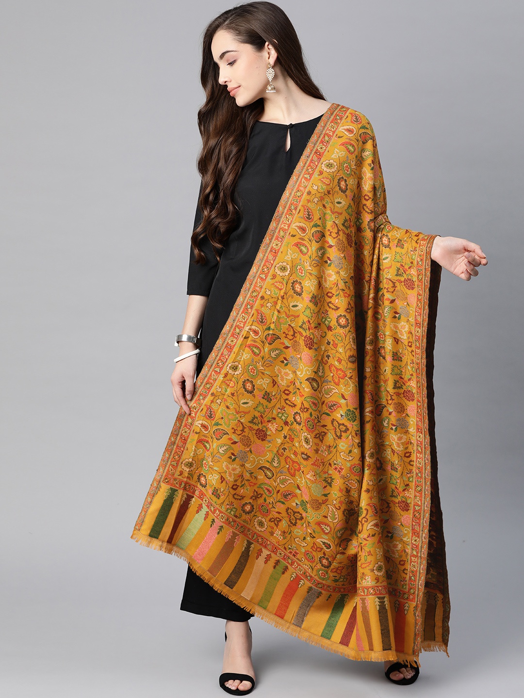 

Pashtush Women Mustard Yellow Woven Design Jamawar Shawl