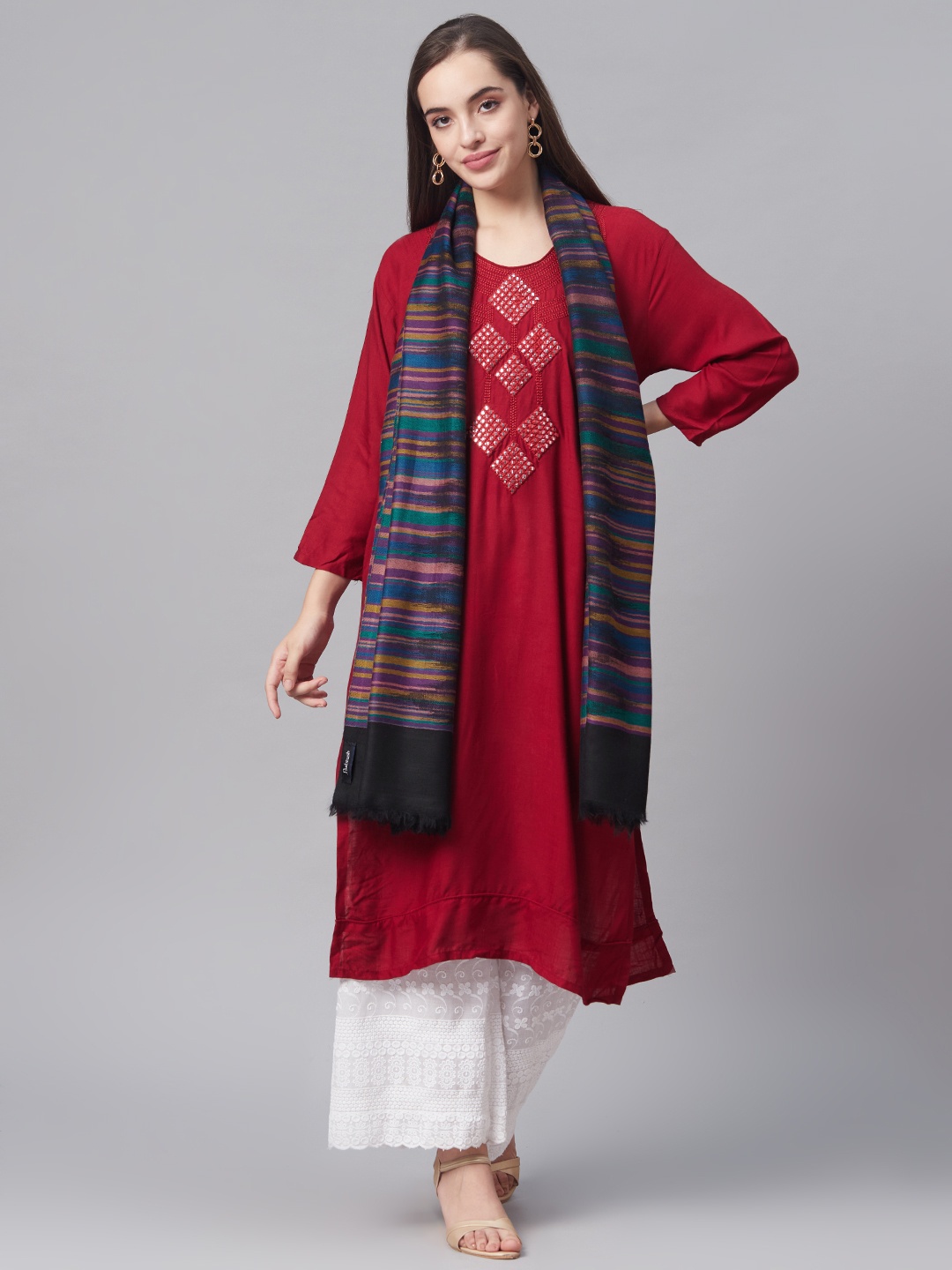 

Pashtush Women Black & Blue Pure Wool Striped Shawl