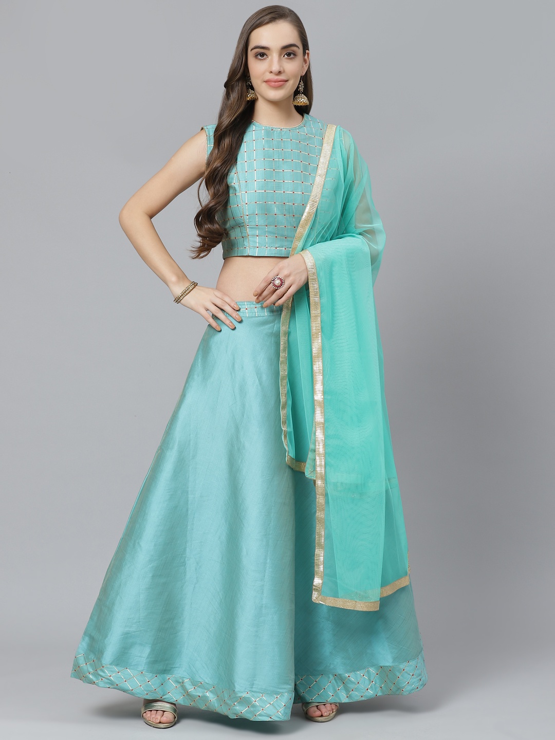 

Poshak Hub Sea Green & Golden Woven Design Ready to Wear Lehenga & Blouse with Dupatta