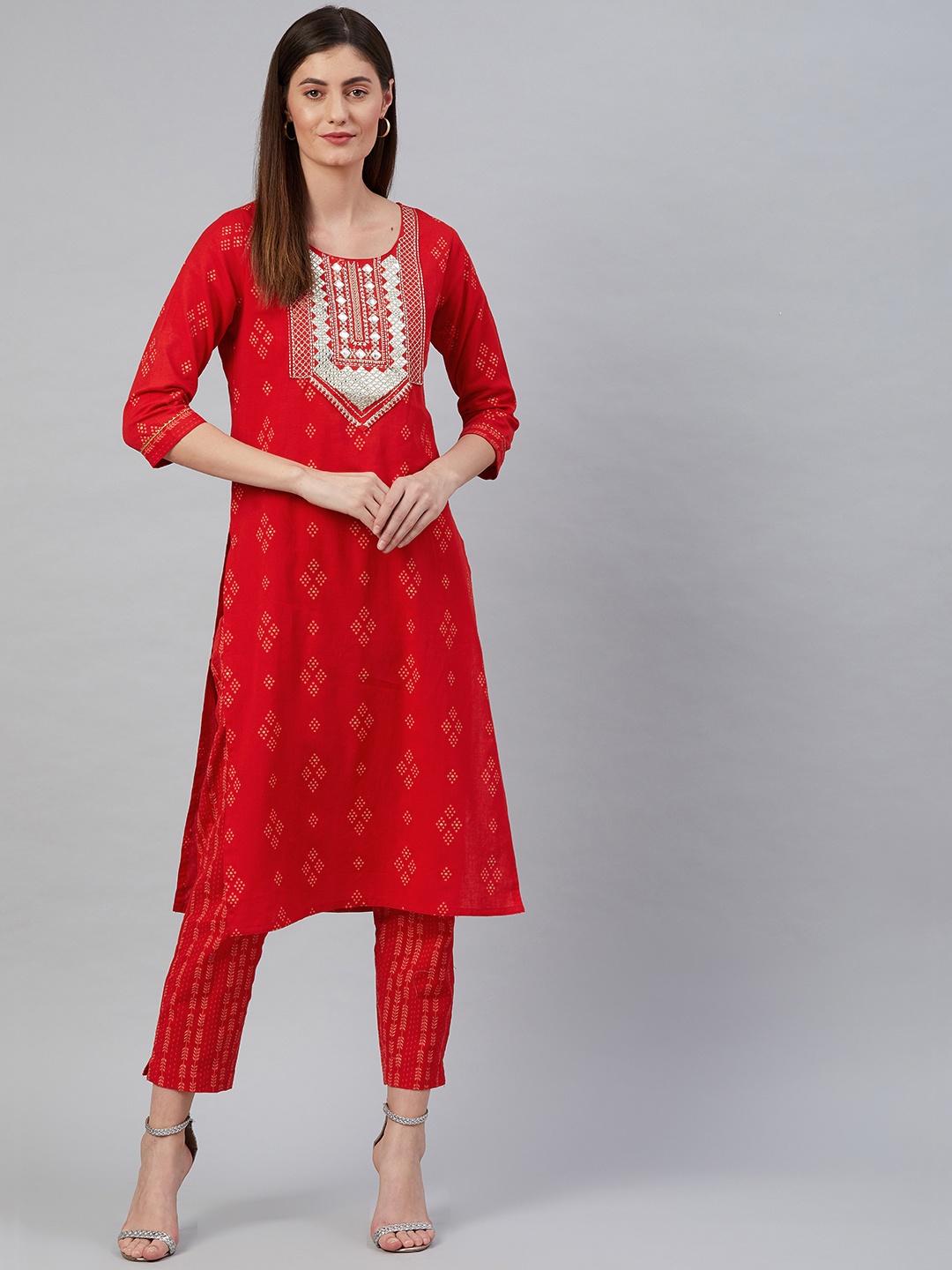 

Anubhutee Women Red Printed Thread Work Kurta with Trousers