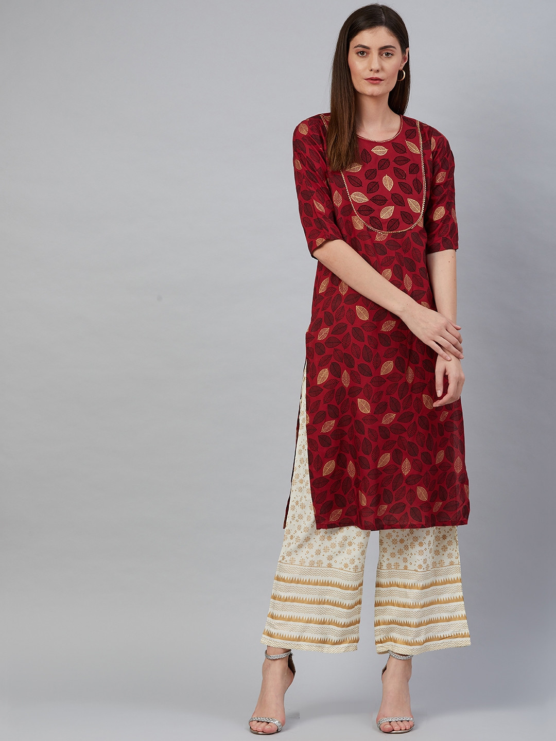 

Anubhutee Women Maroon & White Floral Printed Thread Work Kurta with Palazzos