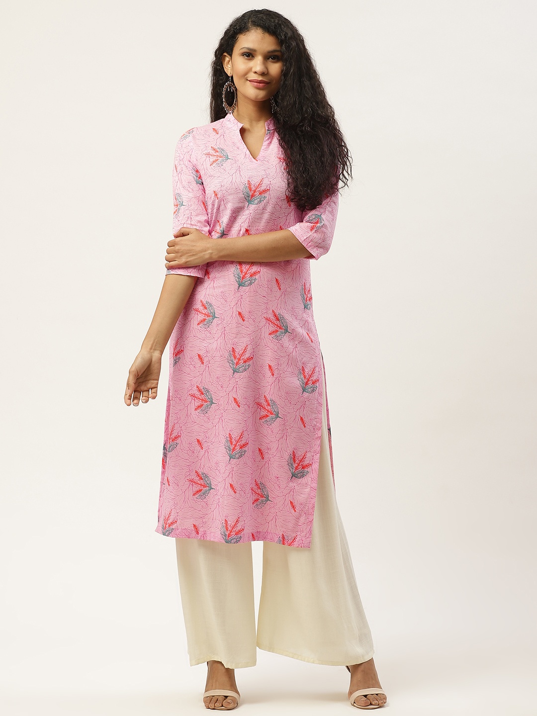 

Deewa Women Pink & Coral Red Leaf Print Cotton Pastels Kurta