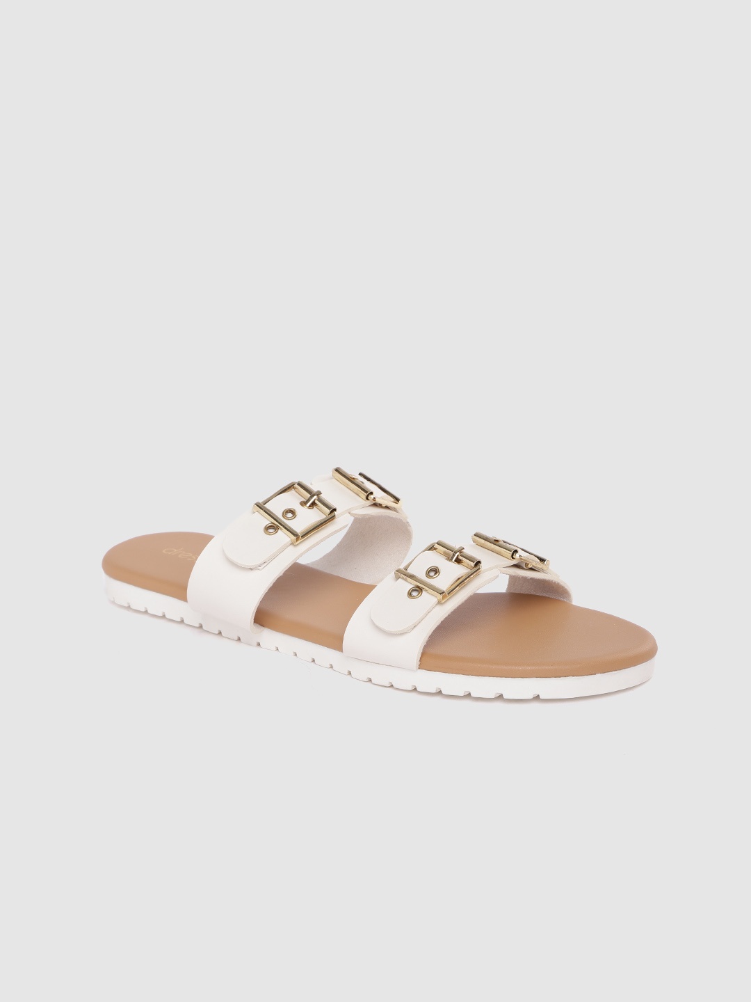 

DressBerry Women White & Gold-Toned Solid Open Toe Flats with Buckle Detail