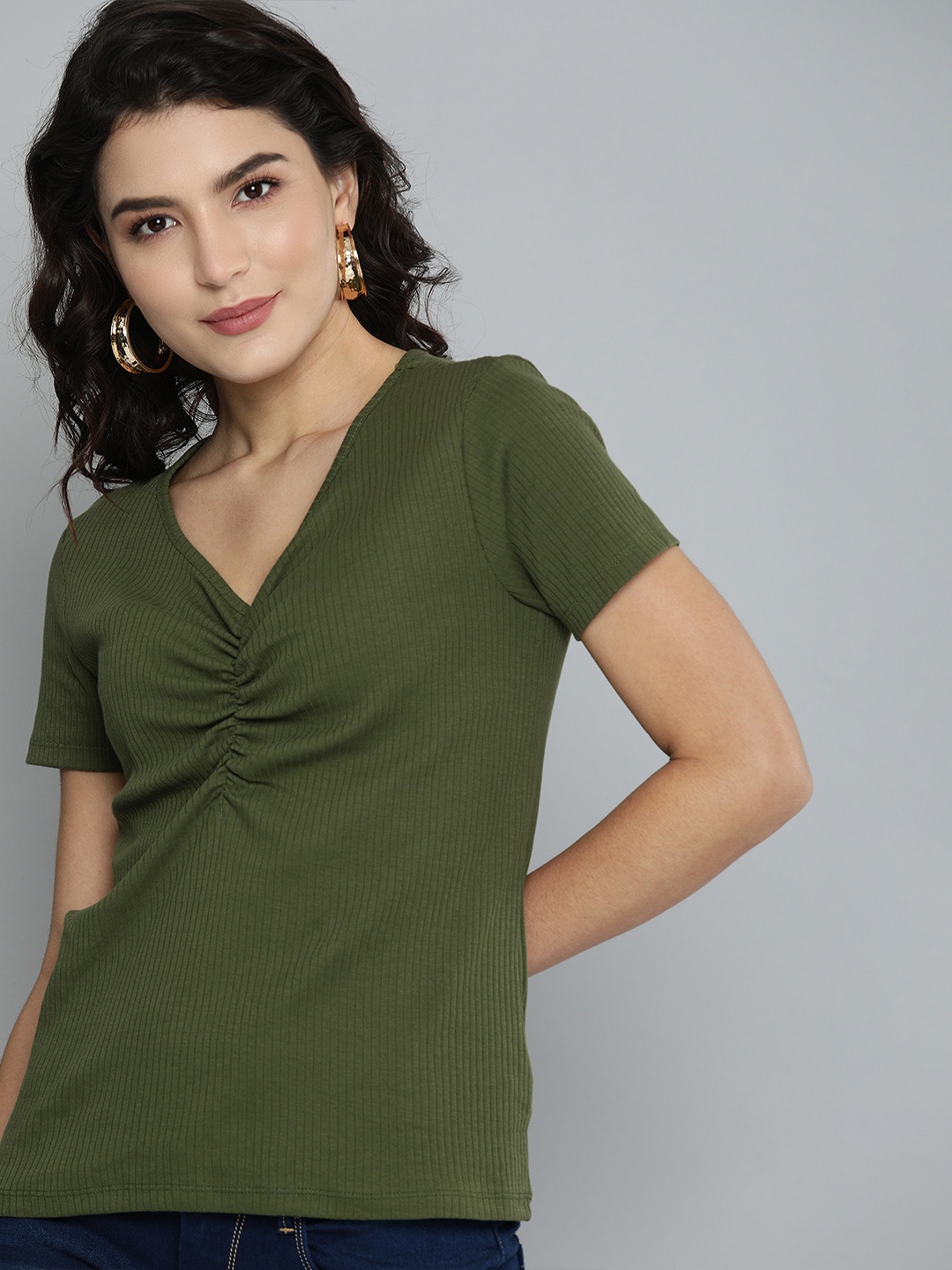 

HERE&NOW Olive Green Gathering Detailed Ribbed Regular Top