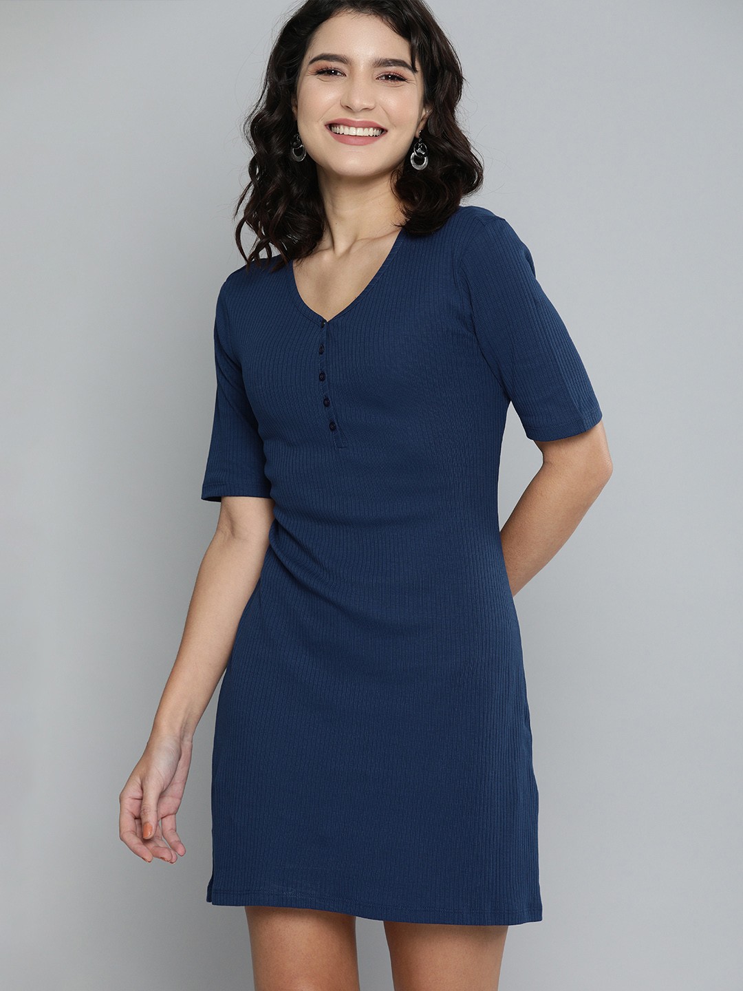 

HERE&NOW Navy Blue Solid Ribbed Sheath Mini Dress