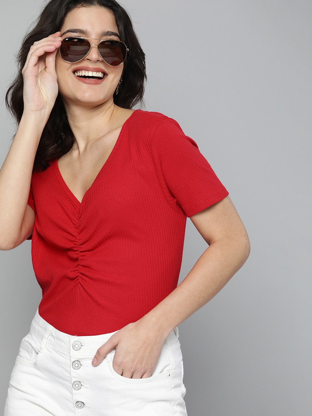 

HERE&NOW Women Red Solid Pure Cotton Regular Top