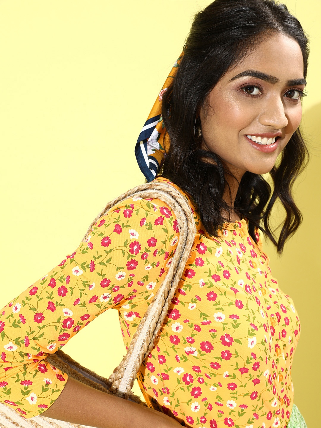 

HERE&NOW Yellow & Pink Floral Shirt Style Crop Top