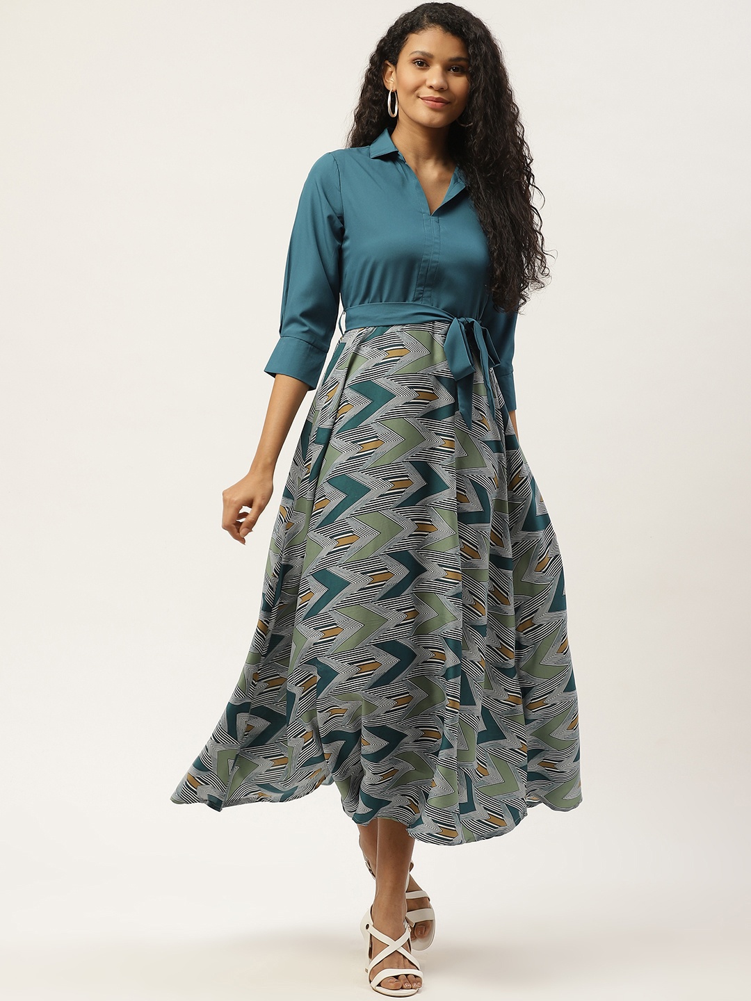 

Deewa Women Teal Blue & White Printed Shirt Maxi Dress
