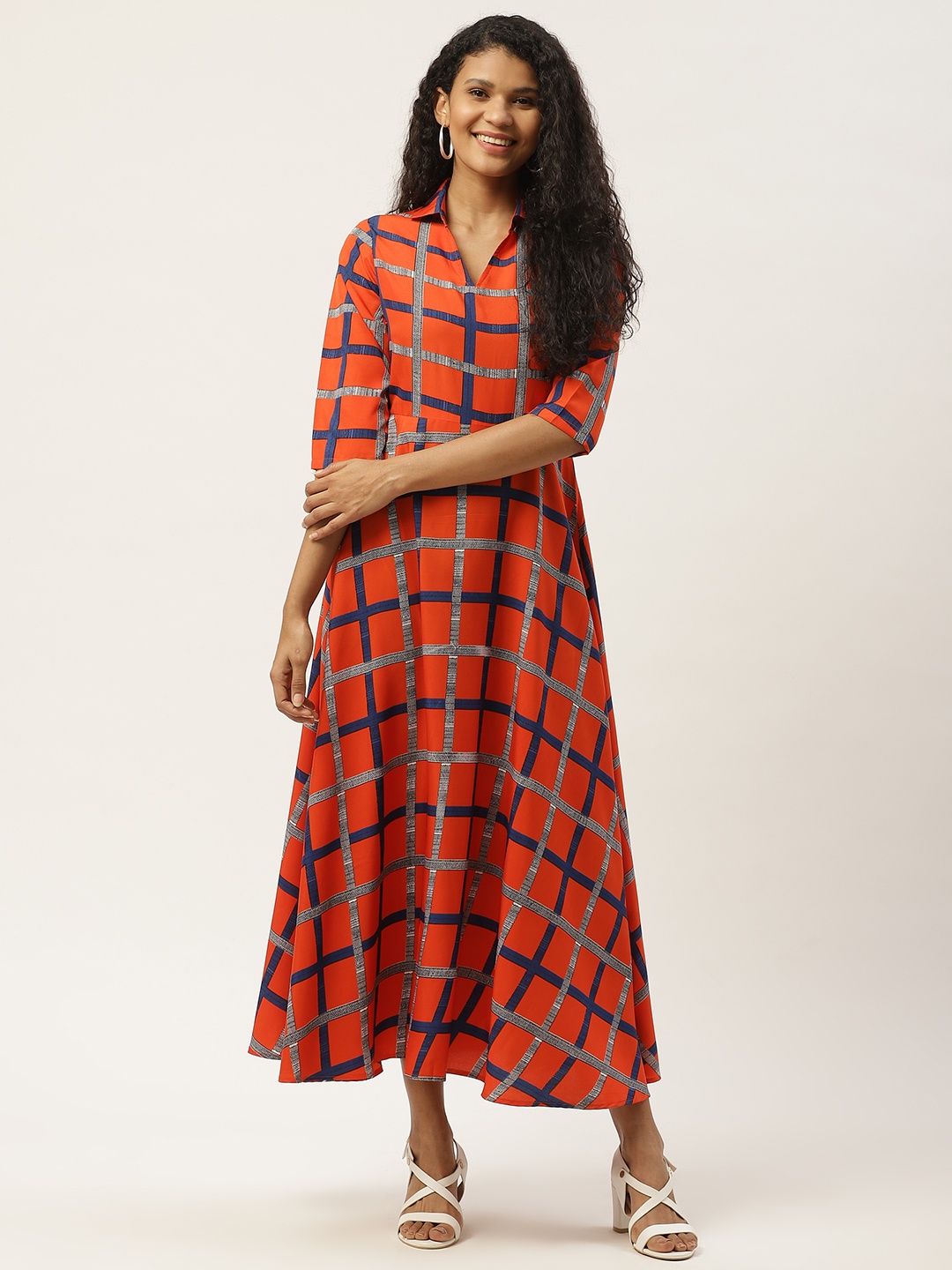 

Deewa Women Orange & Navy Blue Checked Shirt Maxi Dress