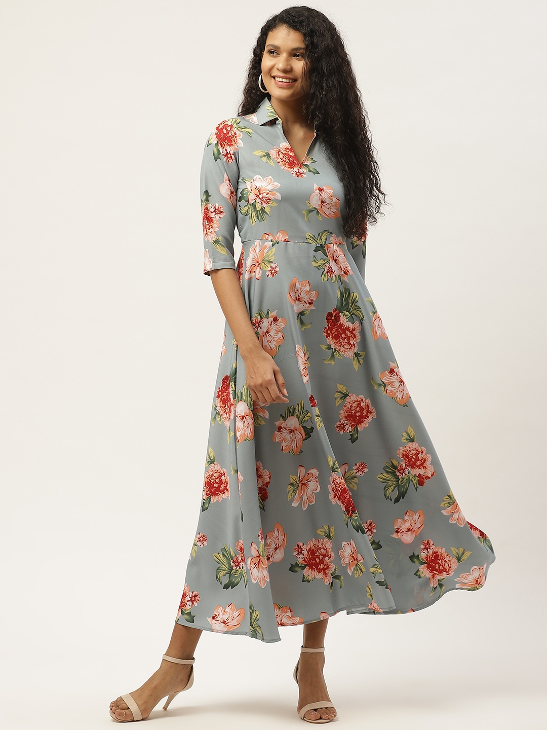 

Deewa Women Grey & Peach-Coloured Floral Print Shirt Maxi Dress