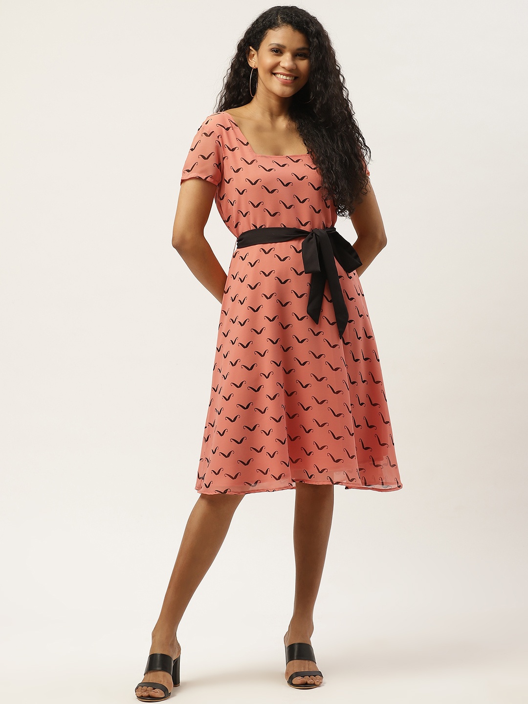 

Deewa Women Peach-Coloured & Black Printed A-Line Dress with Belt
