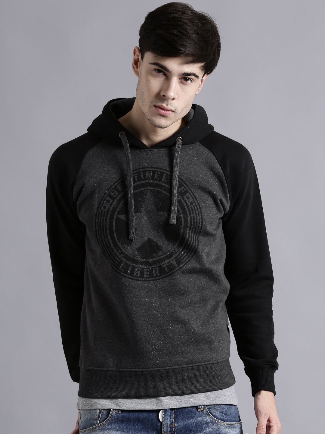 

Kook N Keech Marvel Charcoal Grey Printed Colourblocked Hooded Sweatshirt