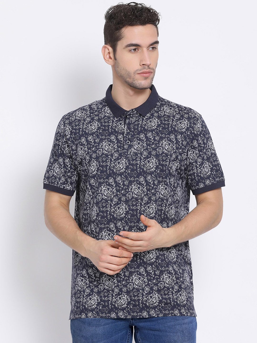 

Richlook Men Navy Blue Printed Polo Collar T-shirt