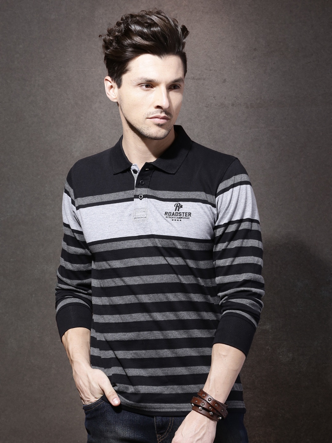 

Roadster Men Black & Grey Melange Striped Polo Collar T-shirt