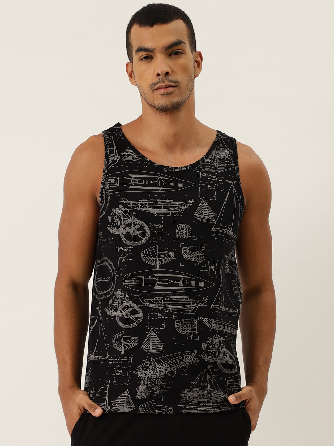 

Rodzen Men Black & Grey Pure Cotton Printed Round Neck Slim Fit T-shirt