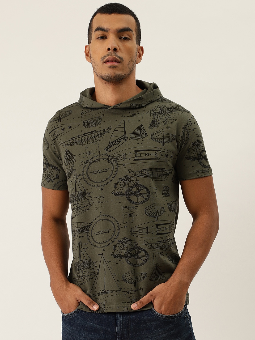 

Rodzen Men Olive Green & Black Pure Cotton Printed Hood Slim Fit T-shirt