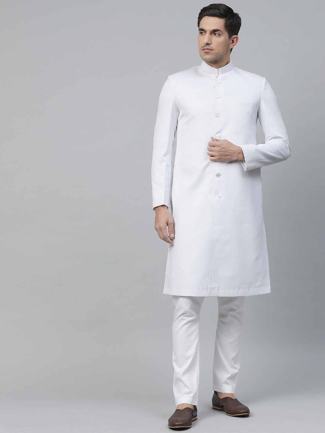 

Luxrio Men Navy White Solid Slim Fit Sherwani with Trousers