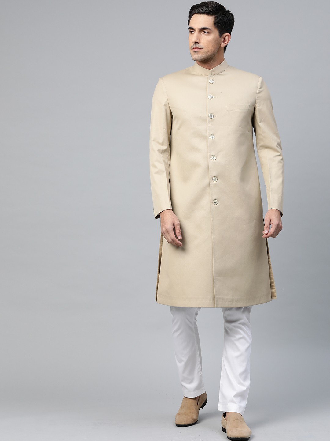 

Luxrio Men Beige & White Solid Slim Fit Sherwani with Trousers