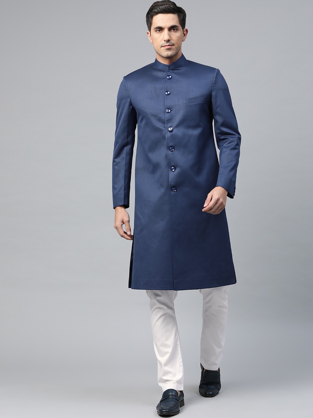 

Luxrio Men Navy Blue Solid Slim Fit Sherwani with Trousers