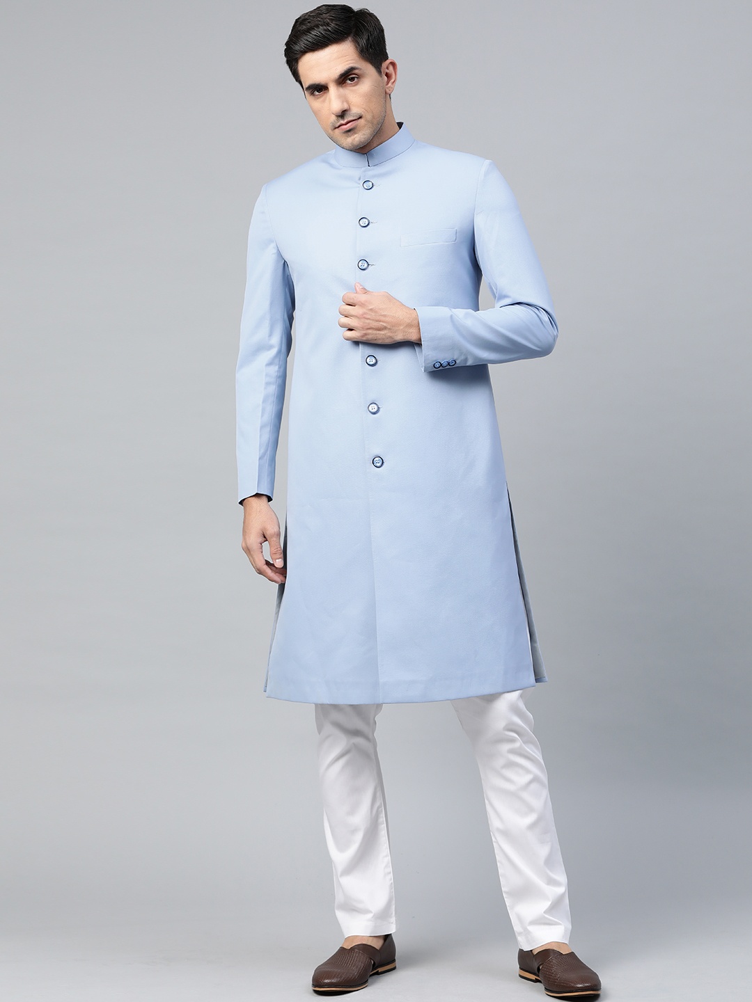 

Luxrio Men Blue Solid Slim Fit Sherwani with Trousers