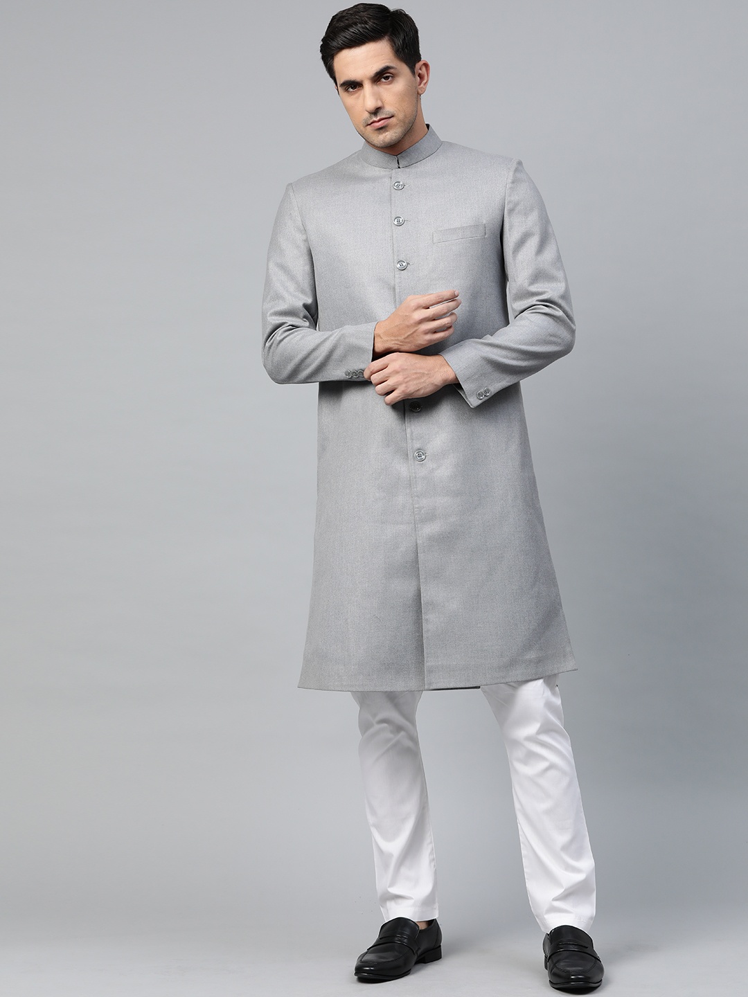 

Luxrio Men Grey & White Solid Slim Fit Sherwani with Pyjamas