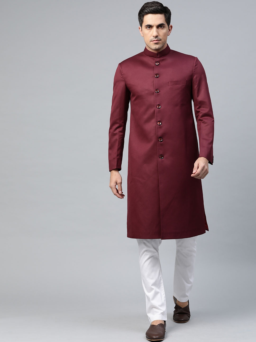 

Luxrio Men Maroon & White Solid Slim Fit Sherwani with Pyjamas